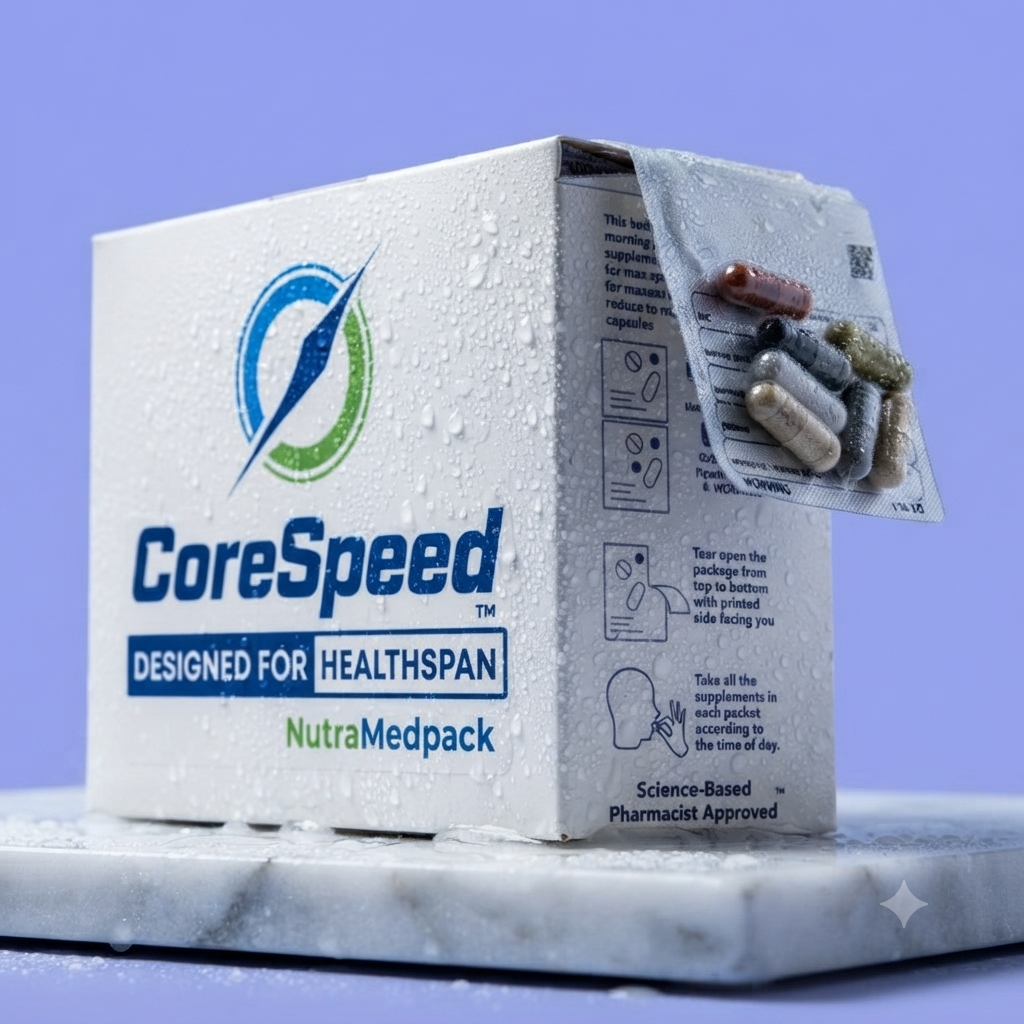 CoreSpeed NutraMedpack box with a daily supplement packet emerging from the package