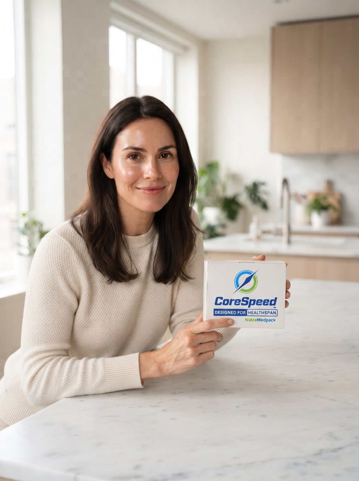 Smiling woman holding a CoreSpeed NutraMedpack box in a bright kitchen