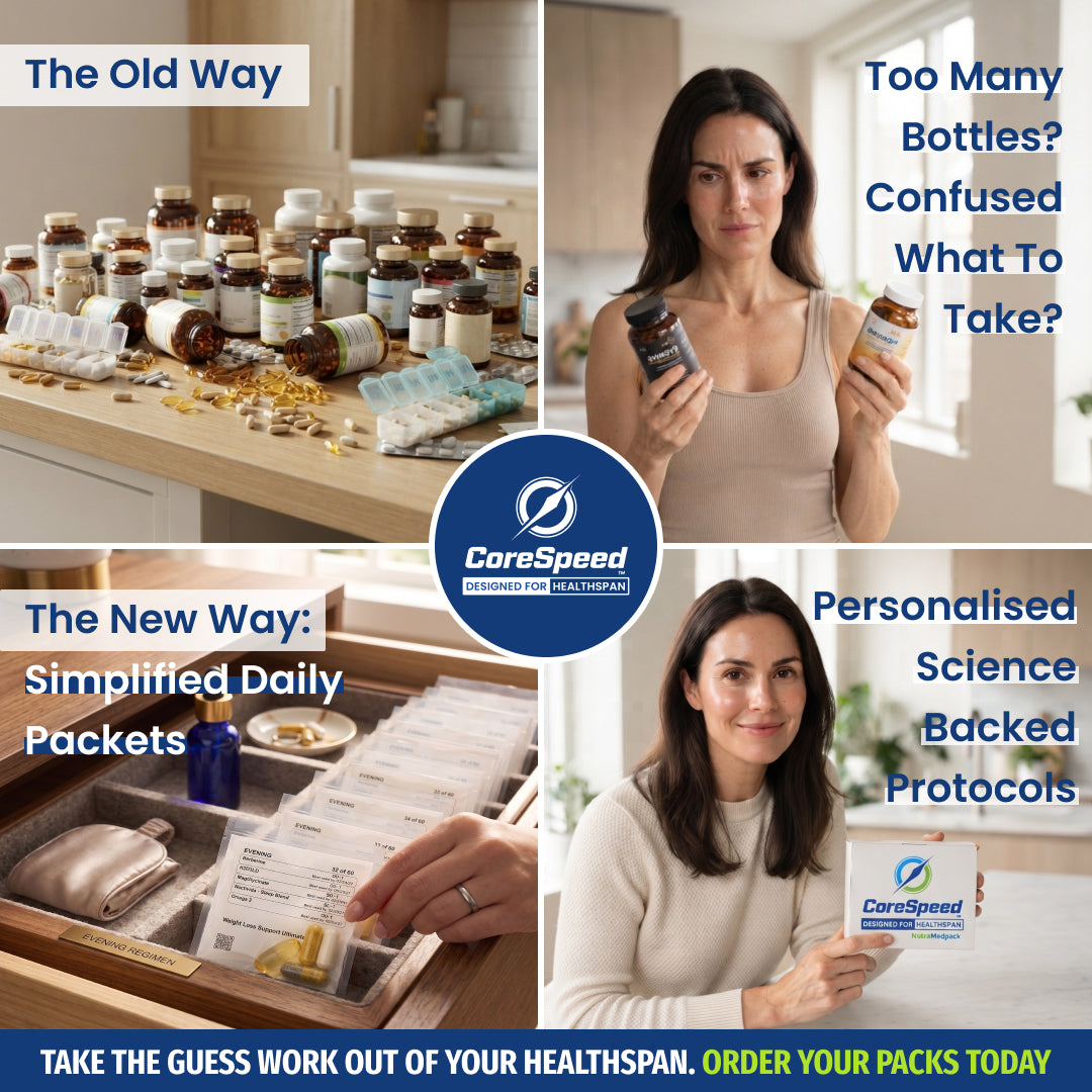 CoreSpeed comparison graphic showing supplement clutter and simplified daily packets