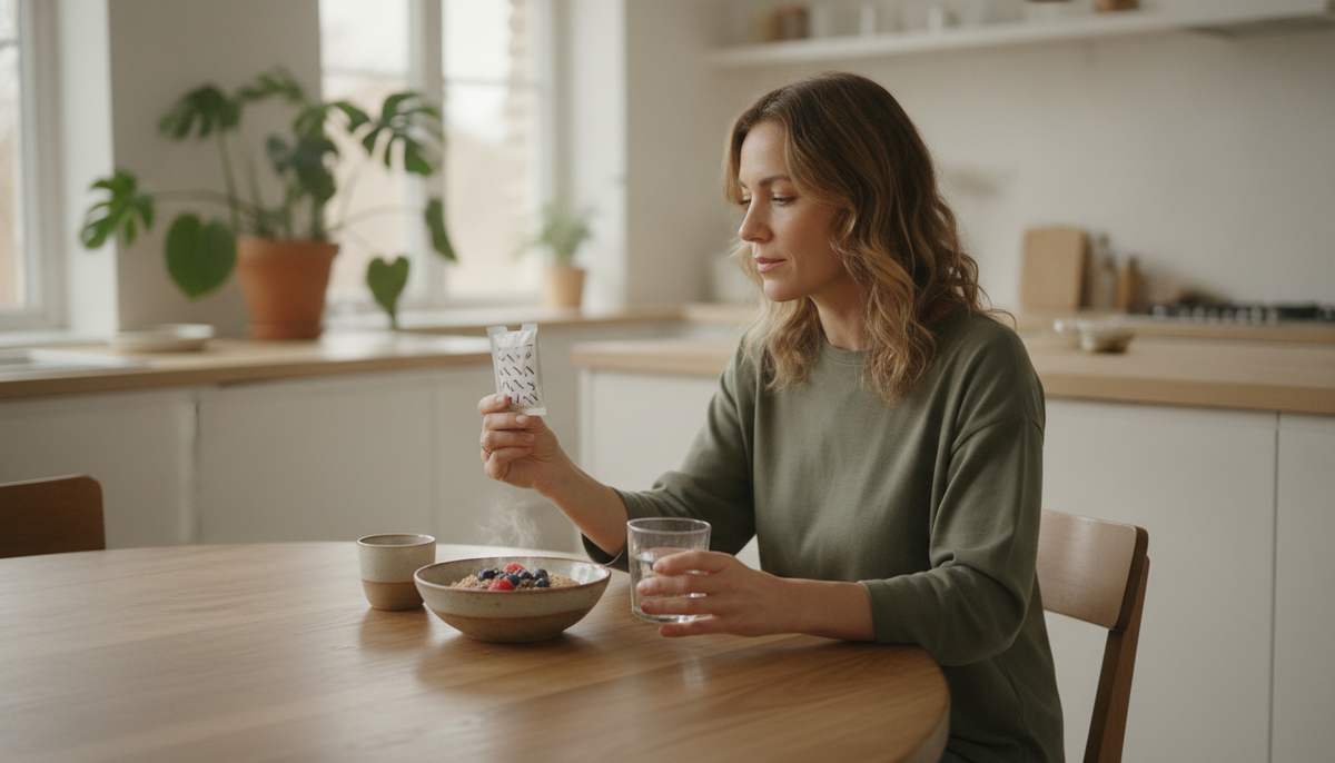 A woman at a bright kitchen table reading the back of a small supplement packet beside a bowl of oatmeal and berries