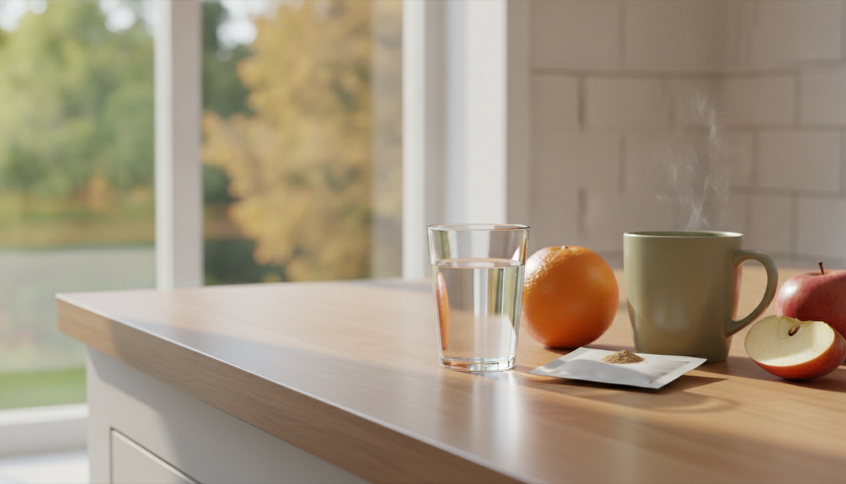 A sunlit autumn morning kitchen counter with a glass of water, a mug of tea, fresh fruit, and an open daily supplement packet