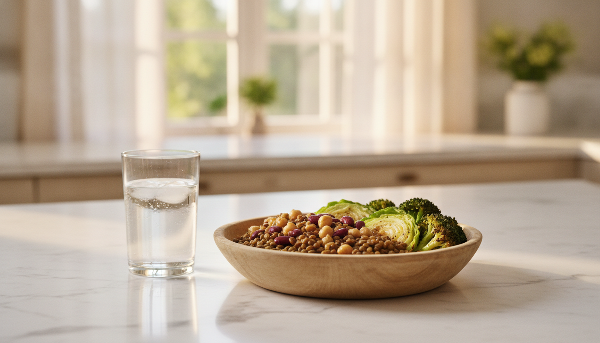 A wooden bowl of cooked beans, lentils, chickpeas and roasted vegetables on a bright kitchen counter beside a glass of water