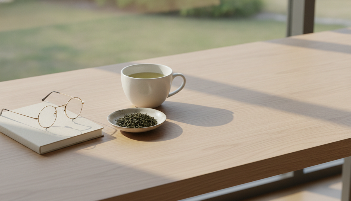 A cup of green tea beside loose tea leaves on a bright wooden desk near a window in soft morning light