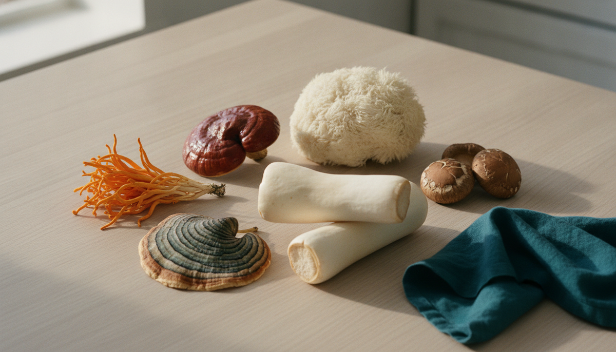 Cordyceps, reishi, lion's mane, king trumpet, shiitake and turkey tail mushrooms arranged on a pale wooden kitchen counter in morning light