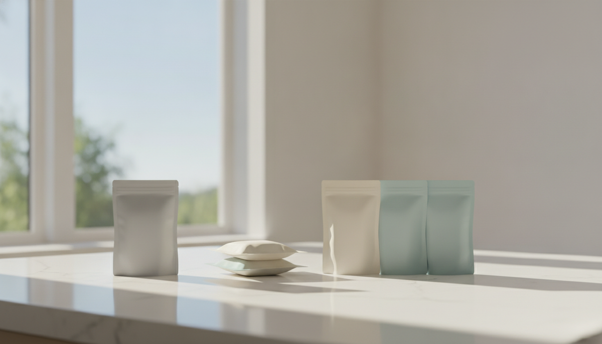 Three tiers of men's daily supplement packets arranged on a sunlit kitchen counter