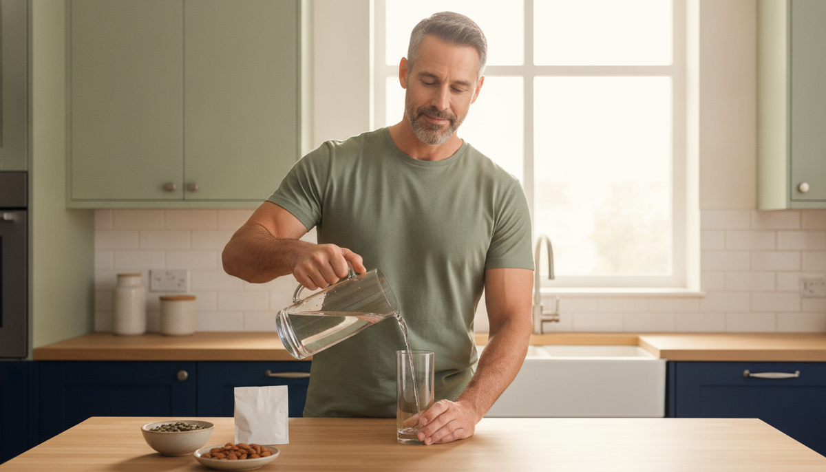 A man in his forties pouring a glass of water at a sunlit kitchen counter beside a daily supplement packet and a bowl of nuts and seeds