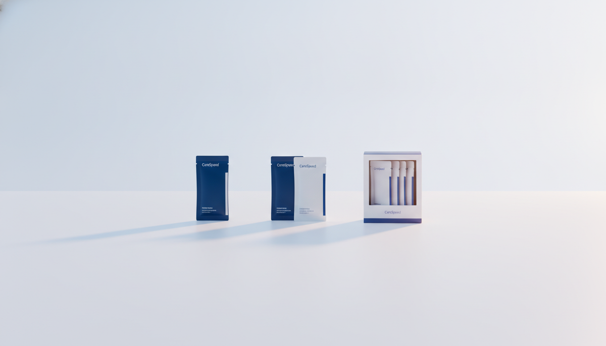 Three tiers of a daily energy supplement lineup arranged left to right on a bright studio surface