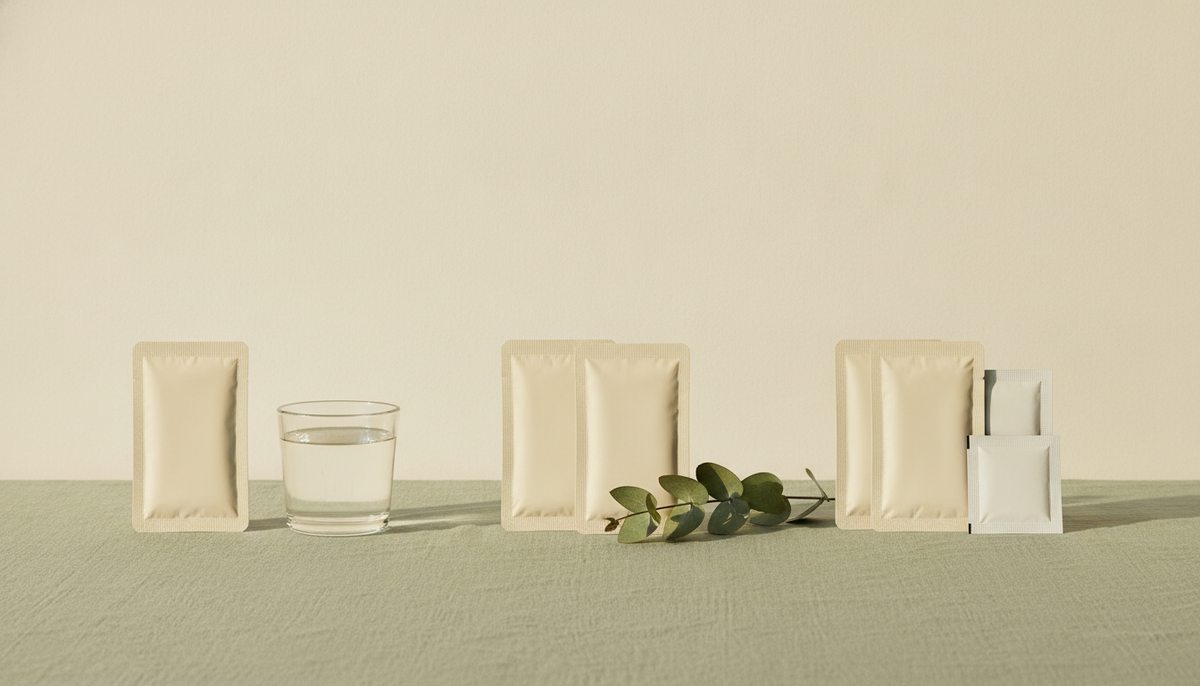 Three groupings of women's wellness supplement packets arranged left to right on a sage-green surface, from a single small sachet to a fuller comprehensive set.