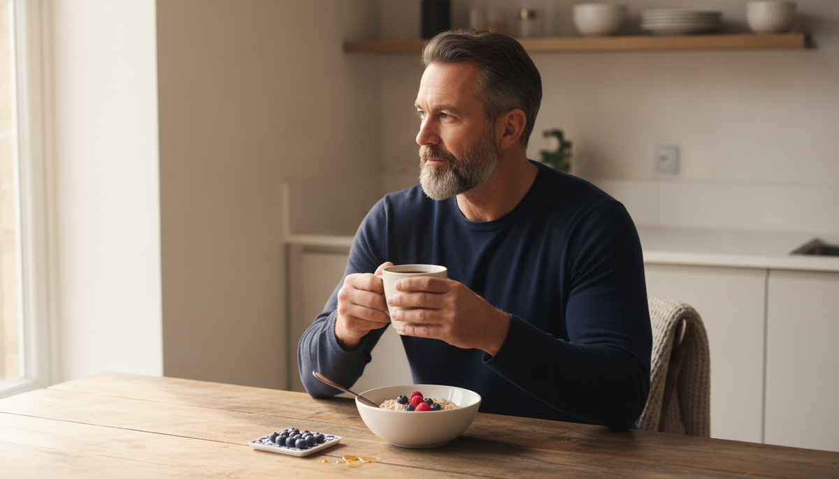 A bearded man in his forties sitting at a sunlit kitchen table with a mug of coffee and a bowl of oatmeal