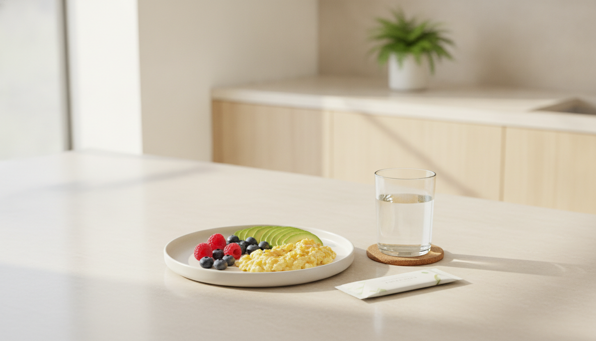 A small balanced breakfast of eggs, avocado, and berries with a glass of water and a daily supplement packet on a bright kitchen counter