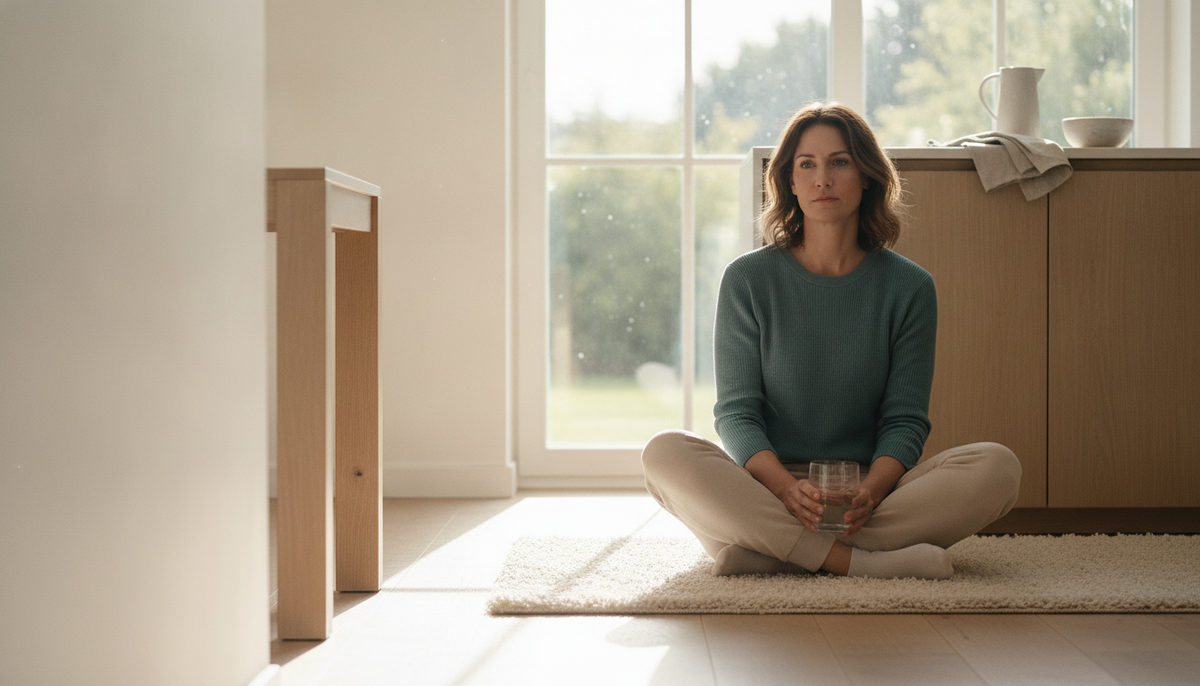 A woman sitting by a bright kitchen window in the morning holding a glass of water