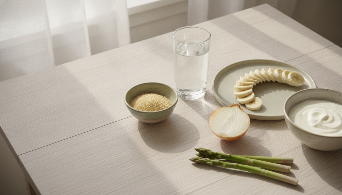 Overhead view of a wooden kitchen table with a bowl of psyllium husk, a glass of water, sliced banana, onion, asparagus and a bowl of yogurt