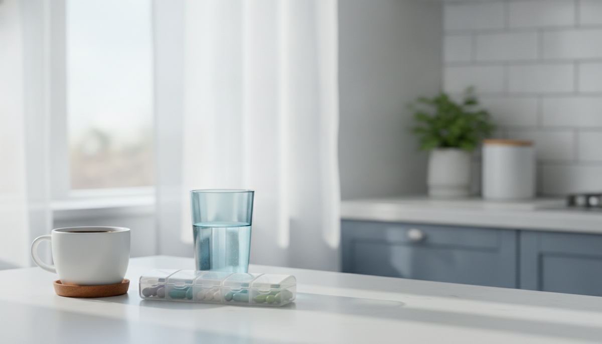 A cup of black coffee beside a daily supplement organizer and a glass of water on a bright kitchen counter in morning light
