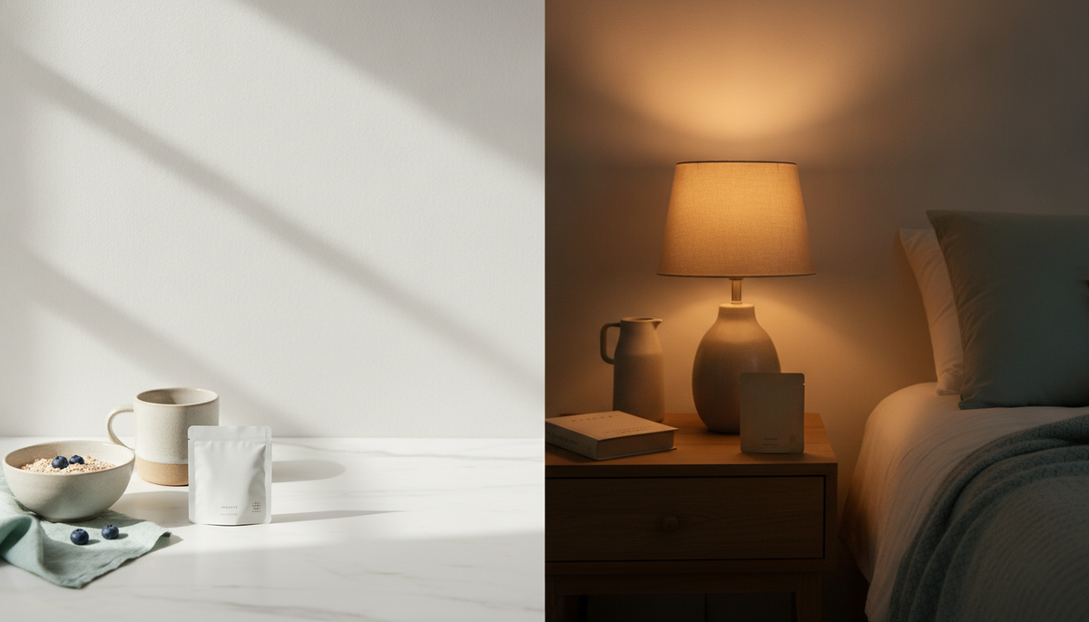 A light kitchen counter in morning daylight on one side and a warm bedside lamp on the other, with two small unbranded capsule packets.