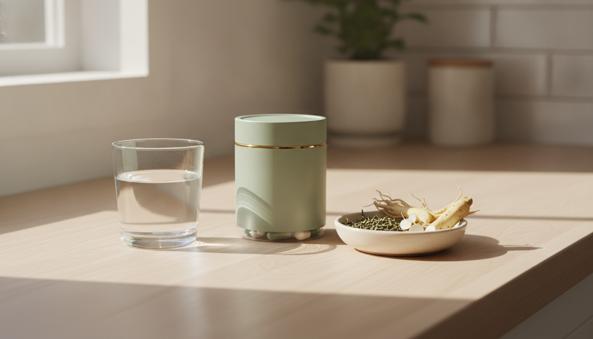 A tub of daily energy support capsules on a bright kitchen counter beside a glass of water and green tea leaves in soft morning light