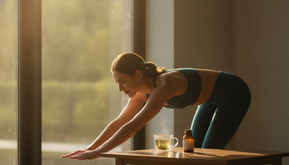 A person in athletic wear stretching by a sunlit window in the morning, with a cup of green tea and an amber supplement bottle on a wooden table nearby