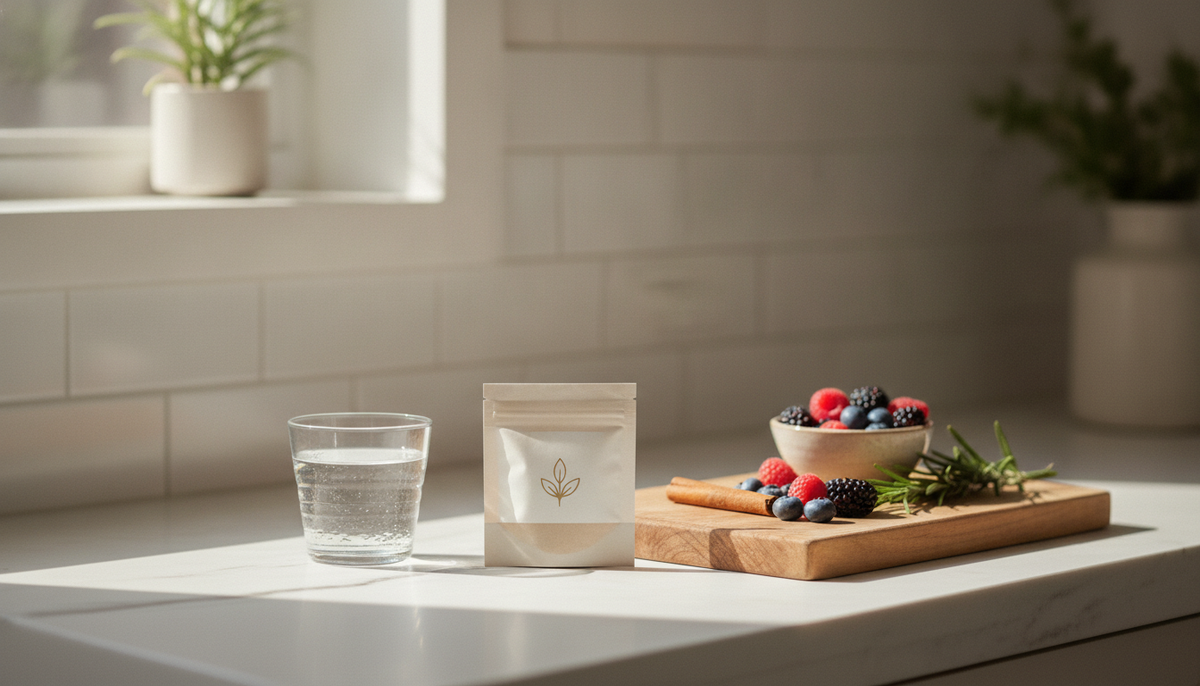 A daily supplement packet and a glass of water on a bright kitchen counter beside a cinnamon stick and a small dish of berries