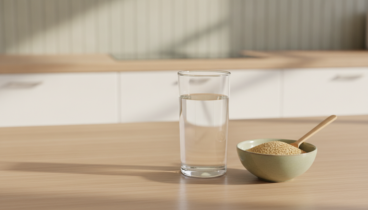 A glass of water beside a small bowl of psyllium husk flakes on a light wooden kitchen counter