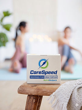 CoreSpeed supplement protocol box in a wellness setting supporting daily HealthSpan routines