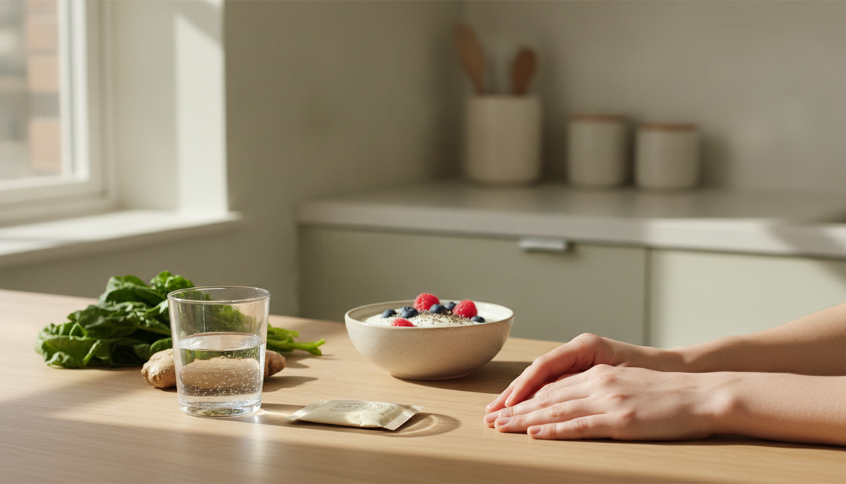 Hands resting beside a glass of water and a daily supplement packet on a bright kitchen counter with fresh whole foods nearby