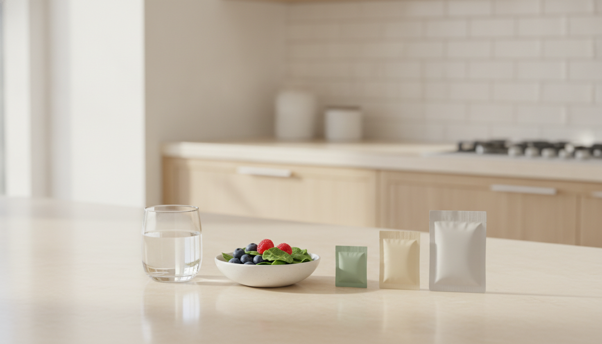A bright kitchen counter with a glass of water, fresh berries and greens, and three supplement sachets arranged in a row from small to large.