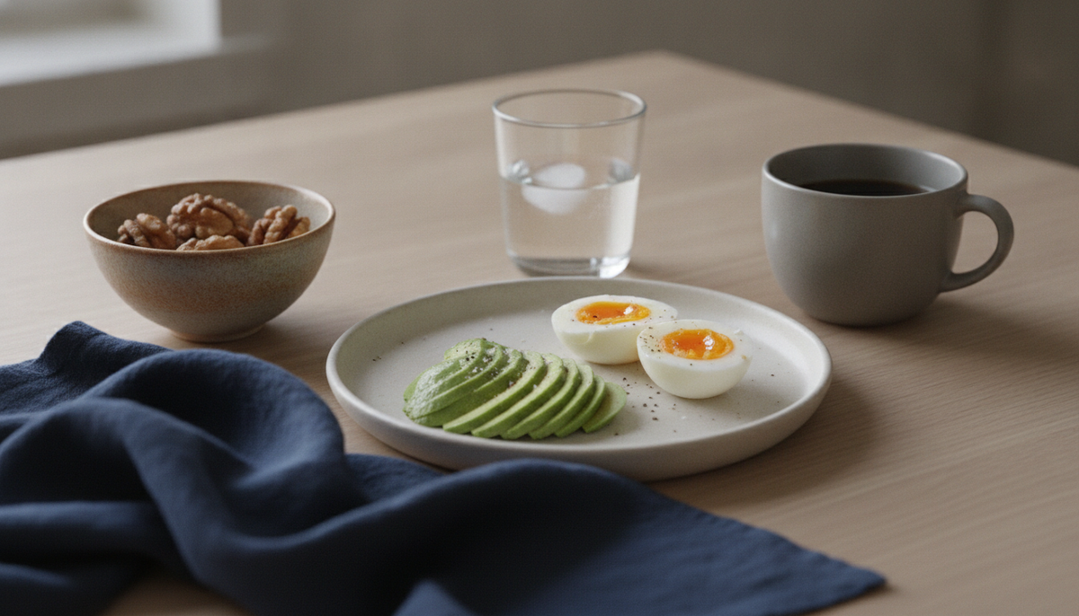 A breakfast table with sliced avocado, soft-boiled eggs, walnuts, a glass of water and a cup of coffee in morning light