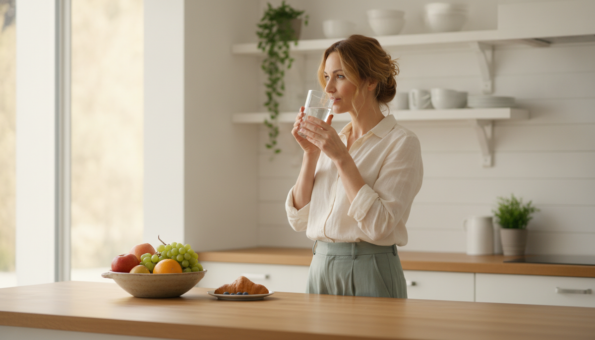 A woman drinking a glass of water at a light wood kitchen counter in soft morning light