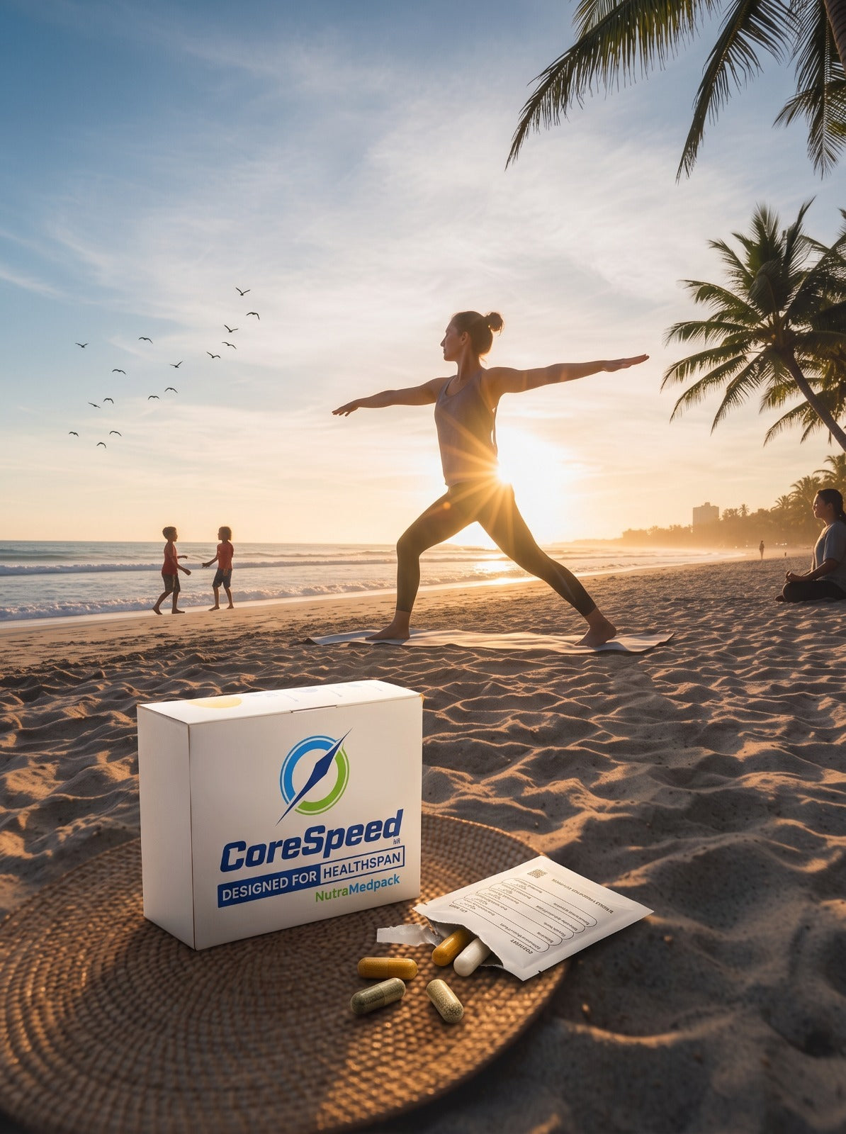 Woman practicing yoga on a beach at sunset