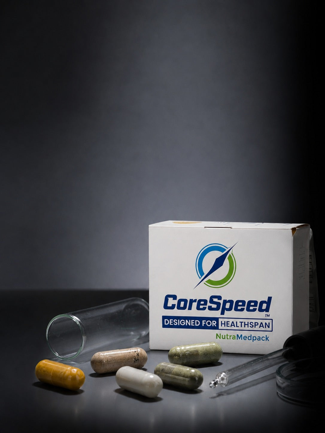 CoreSpeed NutraMedpack box displayed against a dark studio background