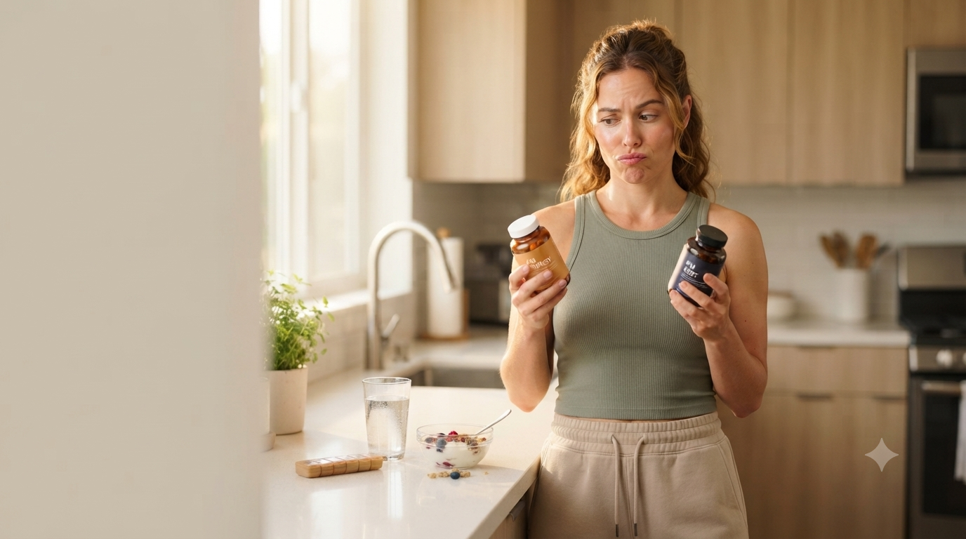 Woman comparing supplement bottles in a bright kitchen