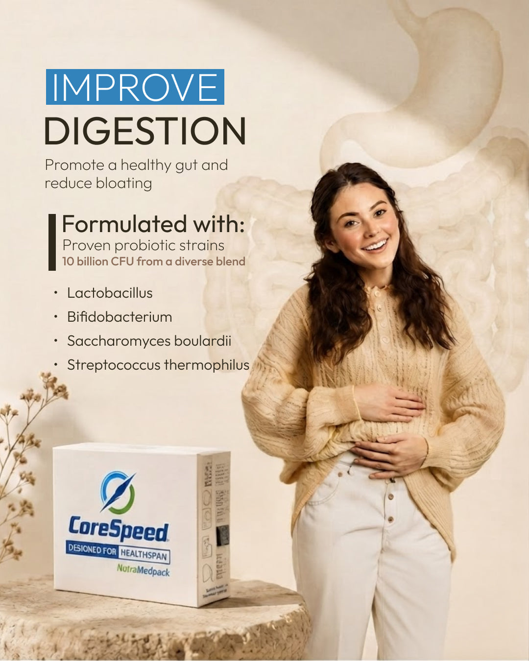 CoreSpeed digestive health creative with a woman and product box