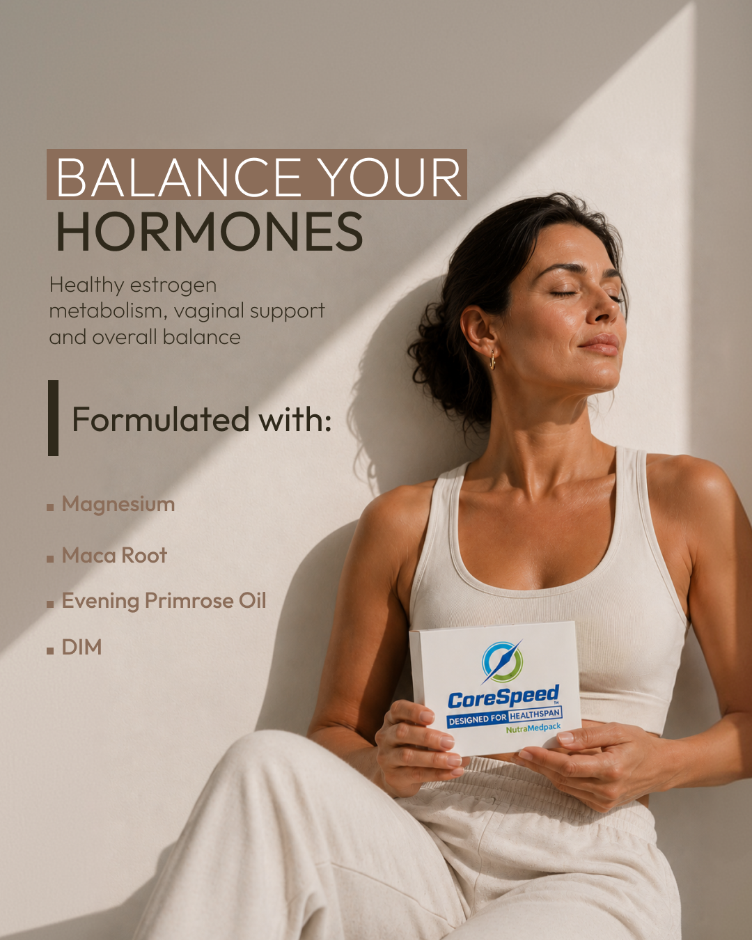 CoreSpeed hormone balance creative with a woman holding the product box