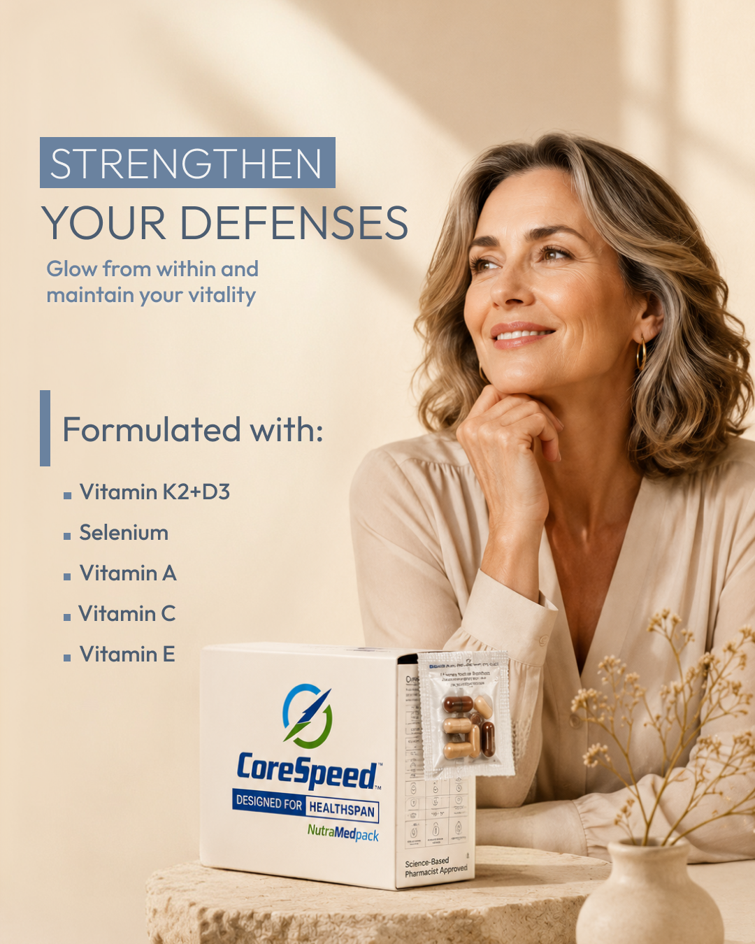 CoreSpeed Strengthen Your Defenses creative with a woman and product box